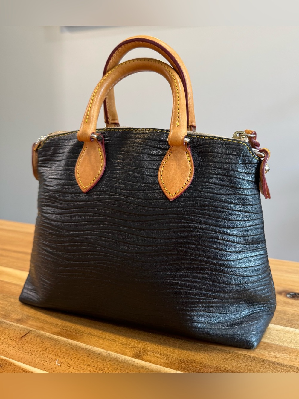 Dooney & Bourke Black Leather Satchel with Tan Accents - Picture 5 of 14